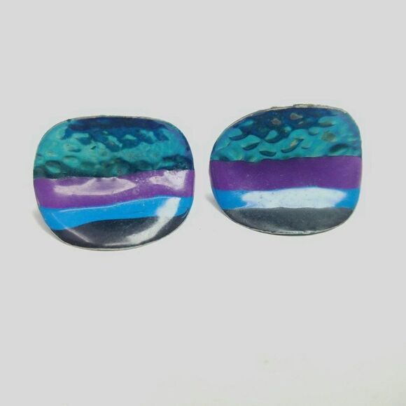 Vintage Funky Striped Blue Enamel Stud Earrings, Curved Design, Retro 80s Style - Picture 2 of 6